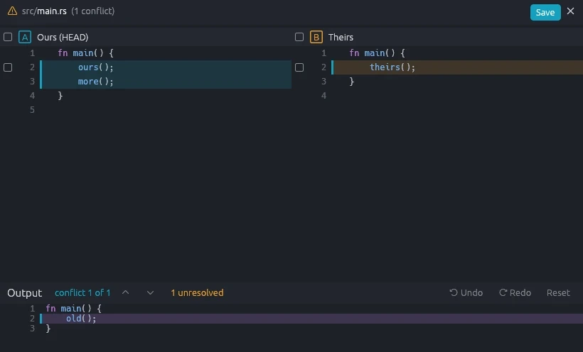 Merge editor with ours and theirs side by side above the merged output
