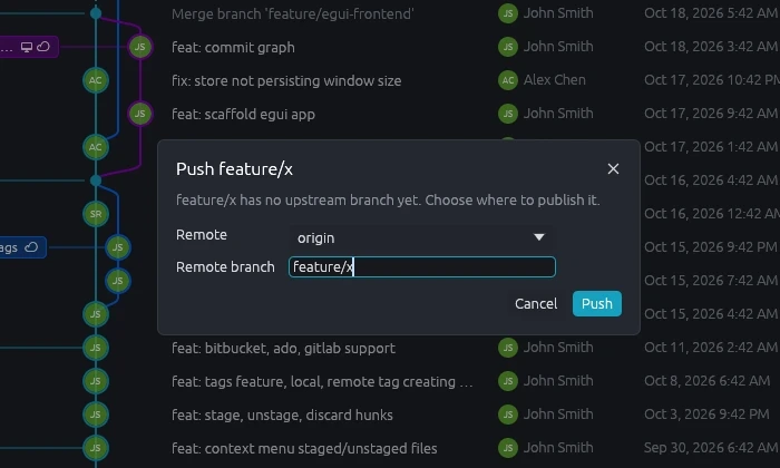 Push dialog choosing a remote and branch name for a new branch