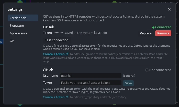 Credentials settings with a connected GitHub token